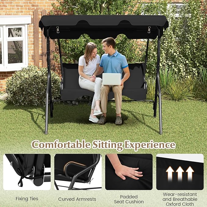 RELAX4LIFE 3-Person Porch Swing Chair - Outdoor Swing w/Adjustable Canopy, Removable Cushion & Metal Frame Stand - Photo 6
