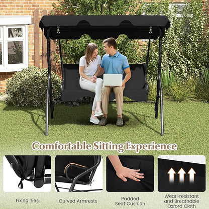 RELAX4LIFE 3-Person Porch Swing Chair - Outdoor Swing w/Adjustable Canopy, Removable Cushion & Metal Frame Stand, 3 Seat Swing Bench for Backyard Garden Poolside, Patio Swing for Adults (Black)