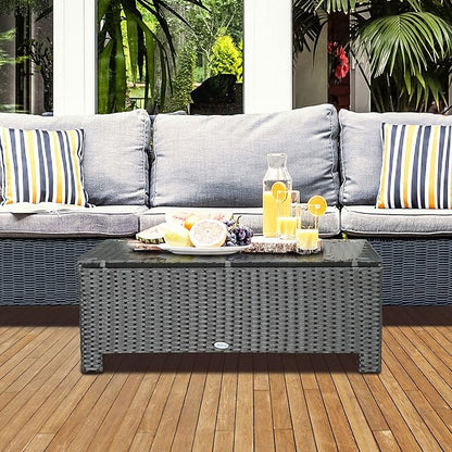 Outsunny Patio Furniture, Wicker Coffee Table, Hand-Woven PE Rattan Side Table with a Tempered Glass Top, 33.5" x 19.75", Black