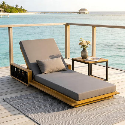 Merax Outdoor Chaise Lounge with 4-Position Adjustable Backrest, Acacia Wood Sunbathing Recliner Chair & 4" Thick Double-fold Cushion for Poolside, Garden, Backyard, Patio, Dark Gray