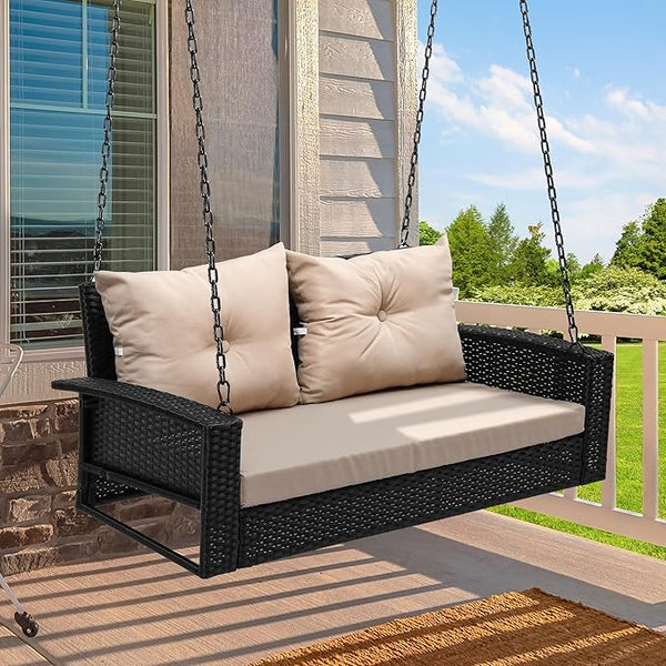 YITAHOME Wicker Hanging Porch Swing Chair 2-Seats Outdoor Black Rattan Patio Swing Lounge w/ 2 Back Cushions Capacity - Photo 1