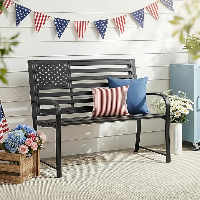 50" Garden Bench Outdoor Bench with American Flag Style, Cast Iron Metal Frame Sturdy Patio Park Bench Arch Legs for Porch,Lawn,Garden,Yard (Black)