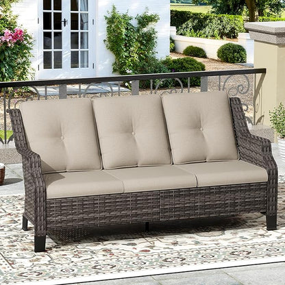 Outdoor Patio Sofa Wicker 3 Seater Sofa, Rattan Couch with Deep Seat and Olefin Cushions, High Backrest, All-Weather for Balcony, Deck, Backyard