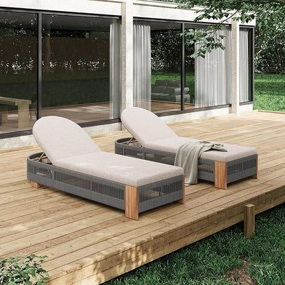 Christopher Knight Home Daskz Patio Chaise Lounge Chair Set of 2, Patio Outdoor Acacia Wood Chaise Lounge with Cushions, Adjustable Backrest Poolside Beach Yard Seating, Rope Design, 79.5'',Teak+Gray