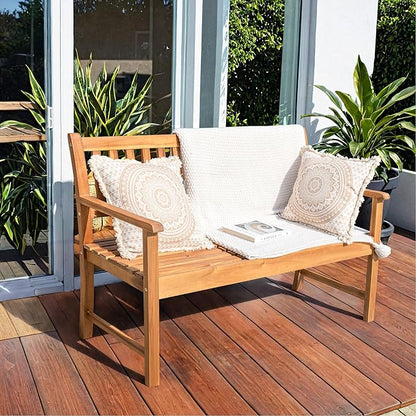 Greesum Outdoor Bench 2-Person Acacia Garden Chair Patio Porch Furniture with Foldable Small Table Plate for Deck, Yard, Balcony, Natural