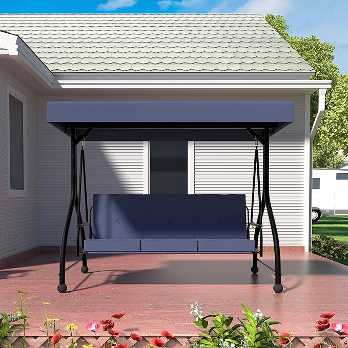MUPATER 3-Seat Patio Porch Swing Chair, 2-in-1 Outdoor Canopy Swing Glider with Stand and Cushion for Patio, Poolside, Backyard, Blue