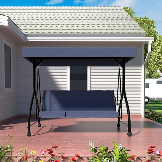 MUPATER 3-Seat Patio Porch Swing Chair, 2-in-1 Outdoor Canopy Swing Glider with Stand and Cushion for Patio, Poolside, Backyard, Blue