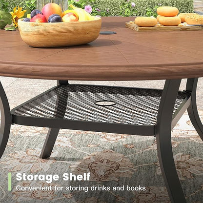 Outdoor Patio Round Dining Table for 4, 40.7" x 40.7" Sleek Aluminum Dining Table with Umbrella Hole for Backyard Garden Lawn Deck, Walnut
