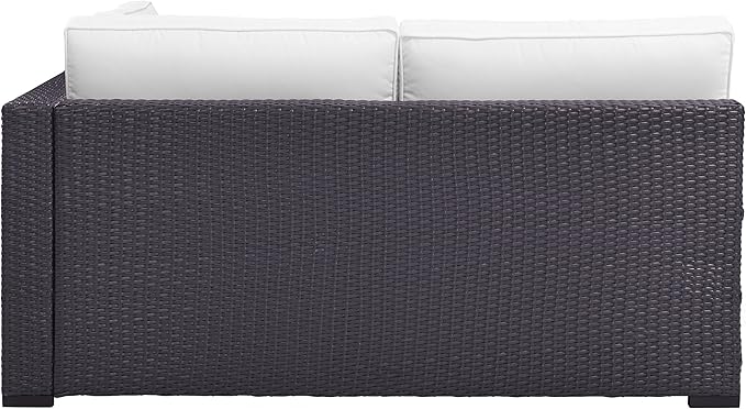 Crosley Furniture Biscayne Outdoor Sectional Loveseat, 2-Person Wicker Patio Couch for Deck, Backyard, Brown with White Cushions