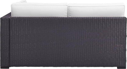 Crosley Furniture Biscayne Outdoor Sectional Loveseat, 2-Person Wicker Patio Couch for Deck, Backyard, Brown with White Cushions