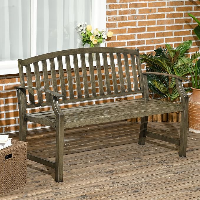 46" Outdoor Garden Bench, Metal Bench, Wood Look Slatted Frame Furniture for Patio, Park, Porch, Lawn, Yard, Deck, Black