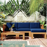 Outdoor Backyard Patio Wood 5-Piece Sectional Sofa Seating Group Set with Cushions, Natural Finish+ Blue Cushions - Photo 1