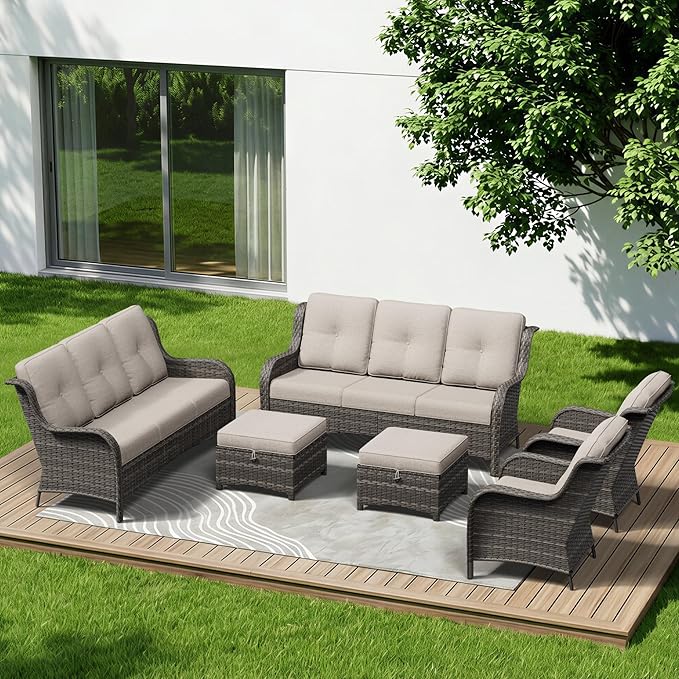 6 Piece Outdoor Wicker Patio Furniture Set, Patio Chairs Set with Thickened Olefin Cushions, High Back and Deep Seating, Hand-Woven PE Rattan, Ottoman for Porch, Deck