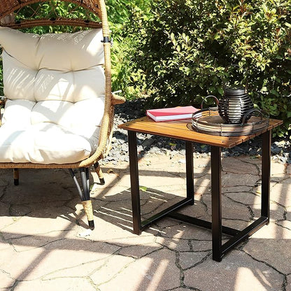 Sunnydaze European Chestnut Wooden Adirondack Side Table - Square Outdoor End Table for Patio with Steel Frame - 20-Inch - Brown