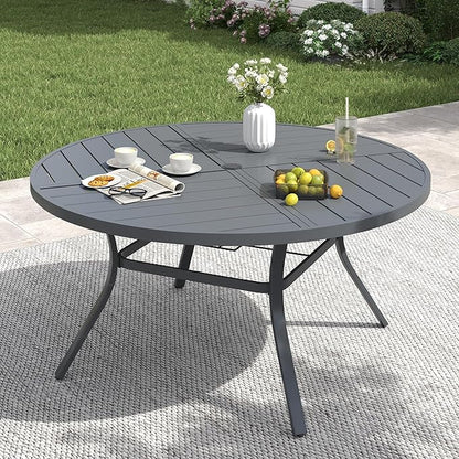 VICLLAX 50" Round Patio Table with Umbrella Hole, All Weather Metal Outdoor Dining Table for 6, Outside Table with Storage Shelf for Lawn Garden, Grey