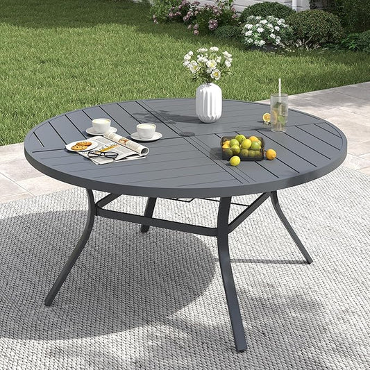 VICLLAX 50" Round Patio Table with Umbrella Hole, All Weather Metal Outdoor Dining Table for 6, Outside Table with Storage Shelf for Lawn Garden, Grey