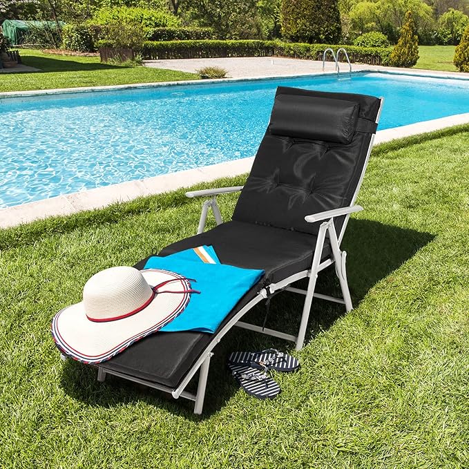 Giantex Chaise Lounge Chair for Outside, Pool Folding Reclining Beach Chair W/Removable Cushion&Headrest Pillow, Outdoor Lounge Chaise w/ 7 Backrest Positions, Portable Patio Lounger (2, Black)