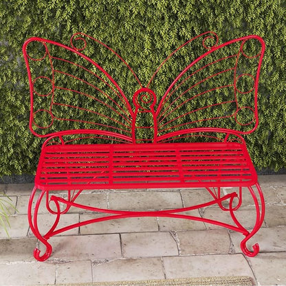 Butterfly Garden Bench, Double Seats Outdoor Bench, Black Patio Bench Thickened Metal Frame for Garden, Yard, Patio, Porch, Lawn, Park. (Red/Big)