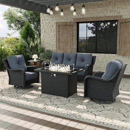 5 Piece Patio Furniture Set with Fire Pit Table, All-Weather Wicker Outdoor Conversation Set with Swivel Rocking Chair and 6 Inch Thick Cushions