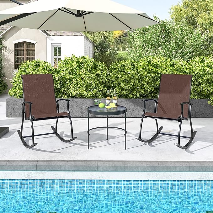 Giantex Outdoor Rocking Chair Set of 2 - Patio Rocking Chairs w/Breathable Backrest, Sturdy Metal Frame & Safe Ergonomic Design, Cozy Fabric Rocker for Backyard, Poolside, 330 lbs, Brown