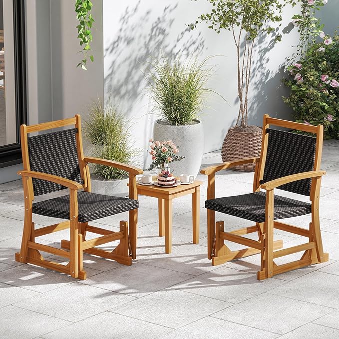 RELAX4LIFE Wooden Outdoor Glider Chair - Rattan Swing Gliding Rocker Armchair w/Acacia Wood Armrests, Wicker Back & Seat, Rocking Patio Chair for Porch Balcony Backyard Pool Garden (24'')