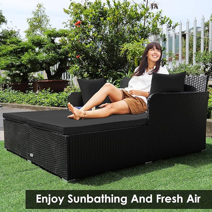 Tangkula Outdoor Rattan Daybed, Wicker Furniture with Spacious Seat, Upholstered Cushion & High-Resilience Sponge, Patio Sofa Set with 4 Pillows, 2-Person Sunbed for Poolside Backyard Garden & Balcony