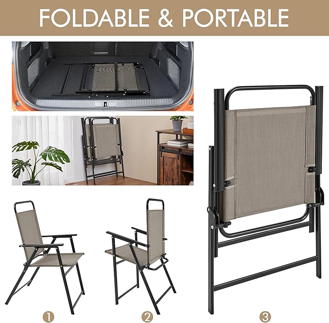 Yaheetech Outdoor Patio Chairs Set of 2, Folding Patio Chairs for Outside with Metal Frame, Armrests, Portable Dining Chairs for Camping, Lawn, Garden and Porch, Brown