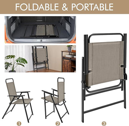 Yaheetech Outdoor Patio Chairs Set of 2, Folding Patio Chairs for Outside with Metal Frame, Armrests, Portable Dining Chairs for Camping, Lawn, Garden and Porch, Brown