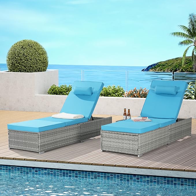 Outdoor Chaise Lounge Chair Set of 2 Wicker Pool Lounge Chairs Tanning Lounges for Outside Lawn Sunbathing Chairs with - Photo 7