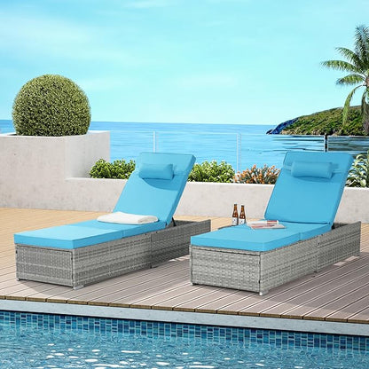 Outdoor Chaise Lounge Chair Set of 2 Wicker Pool Lounge Chairs Tanning Lounges for Outside Lawn Sunbathing Chairs with Adjustable Backrest Table (Rattan Grey, Light Blue)
