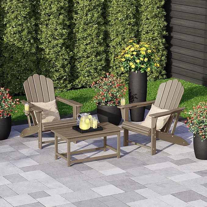 Costaelm Lakeview 3-Piece Adirondack Chairs with Cup Holders and Coffee Table Set, Weathered Wood
