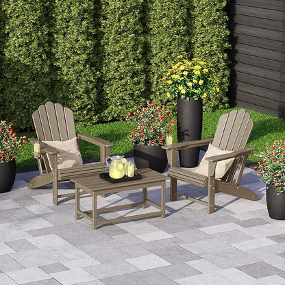 Costaelm Lakeview 3-Piece Adirondack Chairs with Cup Holders and Coffee Table Set, Weathered Wood