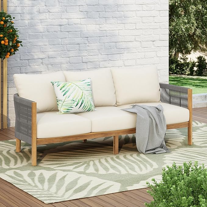 Christopher Knight Home Havets 77"W Outdoor 3 Seater Sofa, 6" Thick Cushion Couch, Acacia Wood Bench Sofa - Photo 1
