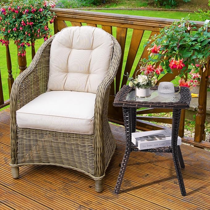 Outdoor Glass Side Table, End Table with Glass Top, Patio Coffee Bistro Table for Indoor Garden Porch Balcony (Brown, Square 18x18x23in)