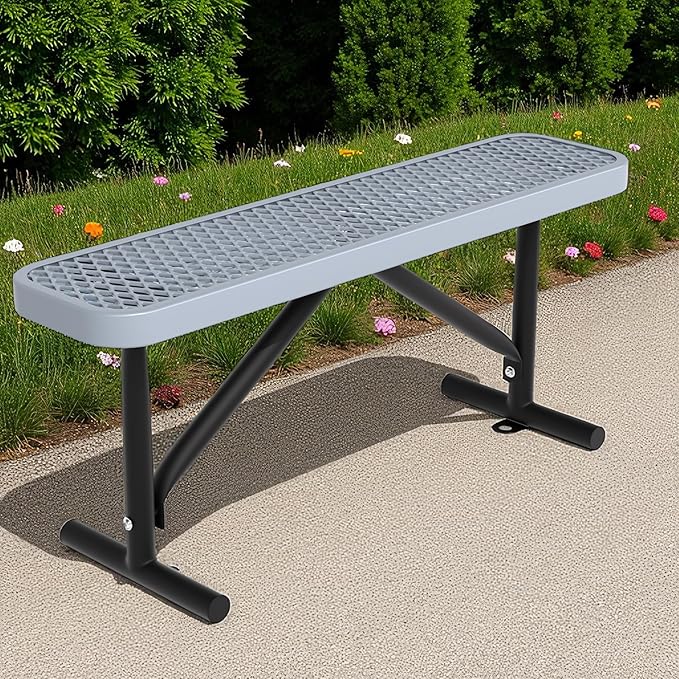 4 Feet Outdoor Steel Bench, Gray Heavy Duty Metal Park Bench for Outside, Weatherproof Dock Bench, 48" L Commercial Benches Mesh Bench for Shopping Mall, Store, Lawn, Park, Patio, Deck, Garden