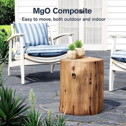 HOMPUS Concrete Outdoor Side Table Tree Stump Modern Round Coffee Table Accent Table Plant Stand Faux Wood End Table Garden Stool for Patio,Home Decor, Living Room(Light Oak)