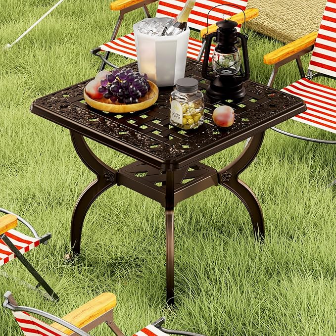 Square Outdoor Coffee Table, Cast Aluminum Side Table with Storage,Indoor End Table, All-Weather Bistro Table for Patio Garden Lawn,Bronze