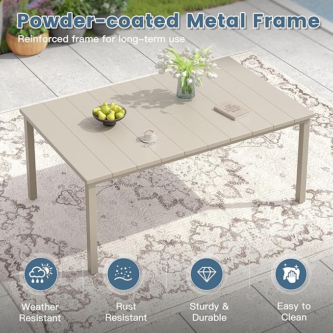 DIFY 63" Outdoor Patio Dining Table for 6, Metal Rectangular Steel Slat Patio Table with 1.57" Adjustable Umbrella Hole, Weather-Resistant for Garden Backyard Poolside Deck, Sandshell
