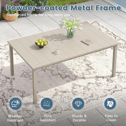 DIFY 63" Outdoor Patio Dining Table for 6, Metal Rectangular Steel Slat Patio Table with 1.57" Adjustable Umbrella Hole, Weather-Resistant for Garden Backyard Poolside Deck, Sandshell