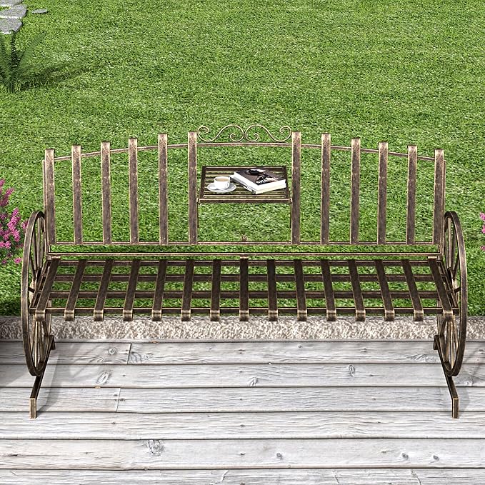 Outdoor Bench Patio Outdoor Garden Bench with Built-in Table, Wagon Wheel Arms, 3 People Outdoor Bench Garden Bench Front Porch Furniture Patio Lawn Yard Park (Bronze)