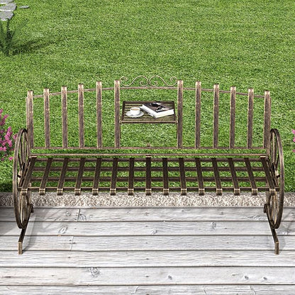 Outdoor Bench Patio Outdoor Garden Bench with Built-in Table, Wagon Wheel Arms, 3 People Outdoor Bench Garden Bench Front Porch Furniture Patio Lawn Yard Park (Bronze)