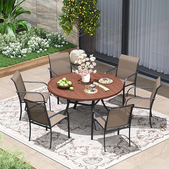 Patio Dining Table for 4-6, Round Metal Outdoor Table with 1.57" Umbrella Hole, 47" Outdoor Slat Tabletop Dining Table for Backyard, Porch, Lawn, Walnut