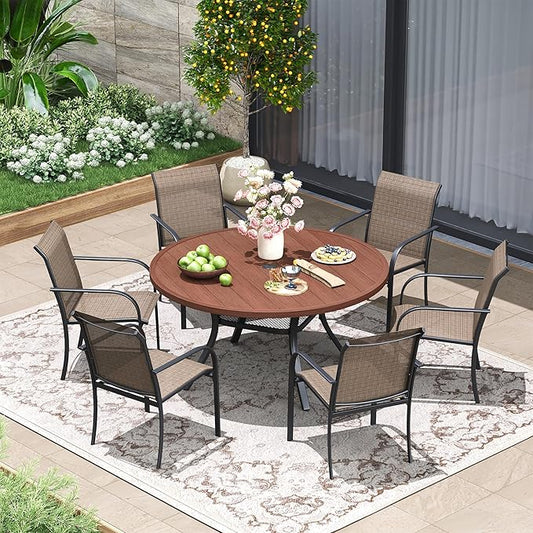 Patio Dining Table for 4-6, Round Metal Outdoor Table with 1.57" Umbrella Hole, 47" Outdoor Slat Tabletop Dining Table for Backyard, Porch, Lawn, Walnut
