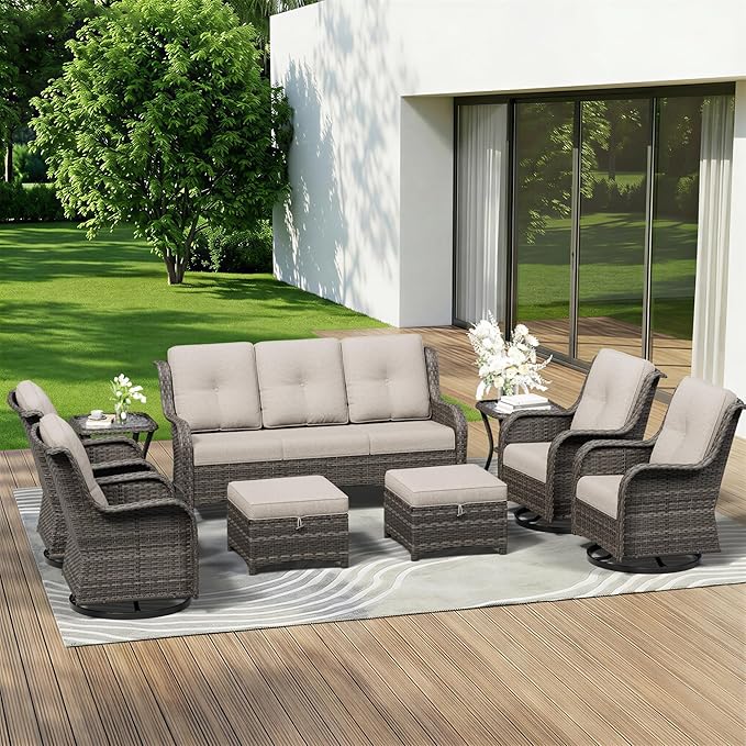 9 Piece Outdoor Wicker Patio Furniture Set, Outdoor Swivel Rocker Patio Chairs Set with Thickened Olefin Cushions - Photo 1