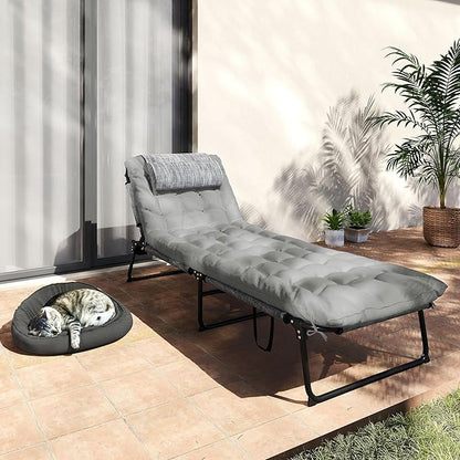 Outsunny Folding Chaise Lounge with 4-Level Reclining Back, Outdoor Tanning Chair with Cushion, Outdoor Lounge Chair with Breathable Mesh Fabric, Side Pocket, Headrest, Gray