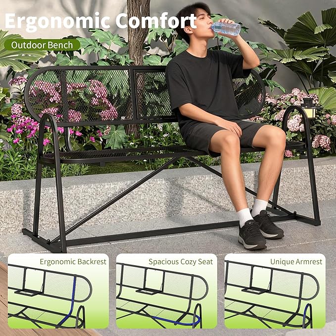 Outdoor Bench, Metal Mesh Garden Bench with Foldable Middle Table, 55" Weather Resistant Patio Park for 2-3 People, Decorative Porch Chair for Yard, Deck, and Lawn, Black