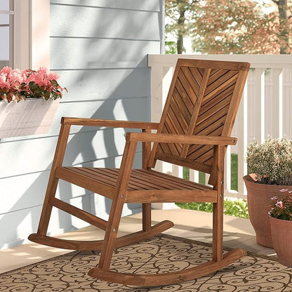 Eyely KCR100A Ted Modern Chevron-Back 300-Lbs Support Acacia Wood Patio Outdoor Rocking Chair for Garden, Lawn, Backyard, Pool, Deck, Beach, Firepit, Teak