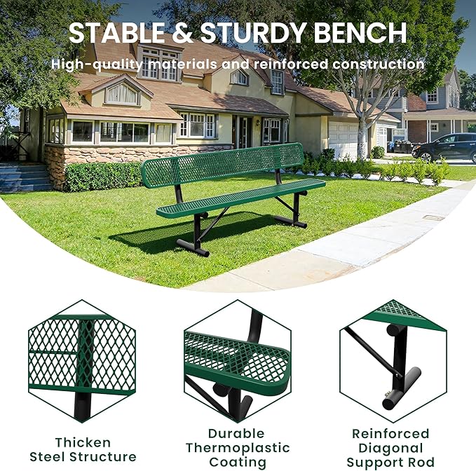 8 Feet Steel Park Bench for Outside, Outdoor Bench with Backrest & Portable Frame, Commercial Benches for Shopping Malls, Stores, Parks, Patios, Decks, Green