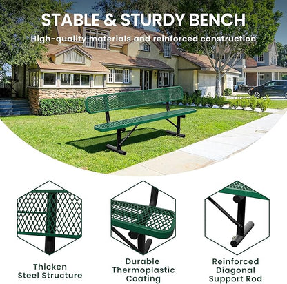 8 Feet Steel Park Bench for Outside, Outdoor Bench with Backrest & Portable Frame, Commercial Benches for Shopping Malls, Stores, Parks, Patios, Decks, Green