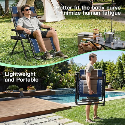 Amopatio Zero Gravity Reclining Patio Chair XXL Foldable Lounge Chair with Removable Cup Holder/Headrest/Footrest 500LBS Capacity Portable for Outdoor Patio Pool Backyard,Blue-Brown